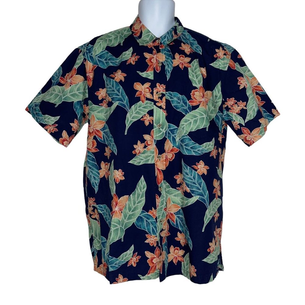 Vintage Cooke Street Hawaiian Shirt Mens L Navy Floral Palm Leaves Beach Aloha